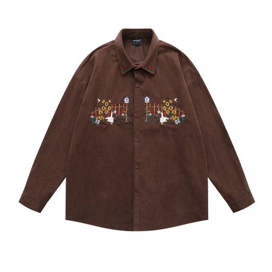 𝔼mbro 𝕊hirt𒉽日式復古刺繡設計感燈芯絨寬鬆襯衫外套(棕色)