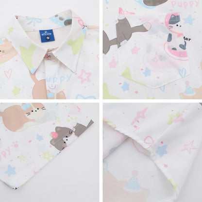 𝕃oose 𝔽it ☞𝟤𝟢𝟤𝟧 ☜日式復古可愛貓咪滿印百搭休閒寬鬆襯衫  YJ-3