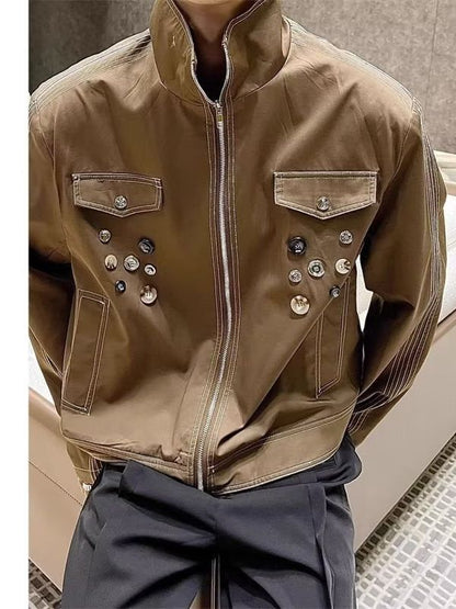 snɔoɟ uoı̣snɟ -  美式夾克男女中性風不規則設計感纽扣裝飾百搭寬鬆情侣休閒短外套 Bc-002