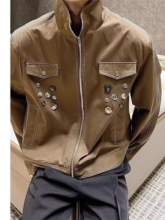 snɔoɟ uoı̣snɟ -  美式夾克男女中性風不規則設計感纽扣裝飾百搭寬鬆情侣休閒短外套 Bc-002