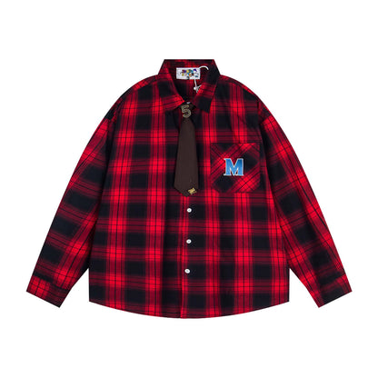 𝔼mbro 𝕊hirt𒉽2025秋冬領帶系列格子寬鬆襯衫外套MO-16