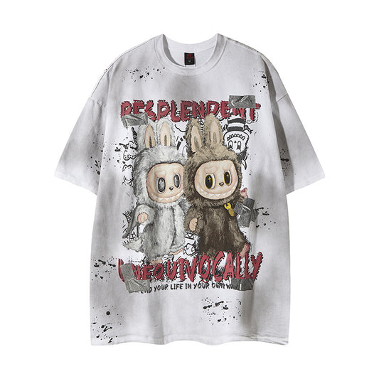 𝕃oose 𝔽it ☞𝟤𝟢𝟤𝟧 ☜美式復古渲染系列噴繪卡通印花男女中性 T-Shirt寬版上衣FY-10