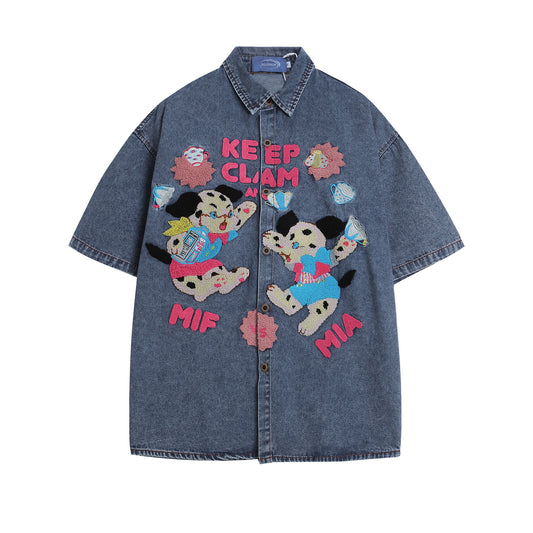 𝔼mbro 𝕊hirt𒉽美式復古水洗趣味卡通刺繡休閒牛仔寬鬆襯衫外套 I-19