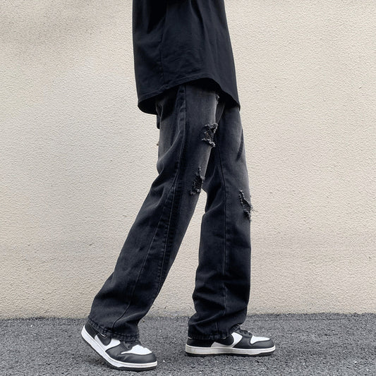 ♜  𝔽𝕦𝕤𝕚𝕠𝕟 𝔽𝕠𝕔𝕦𝕤  𖥟 𝖏𝖊𝖆𝖓𝖘  ☞ 破洞扎染牛仔褲夏季新款ins潮流寬鬆直筒褲時尚氣質闊腿褲 D-106
