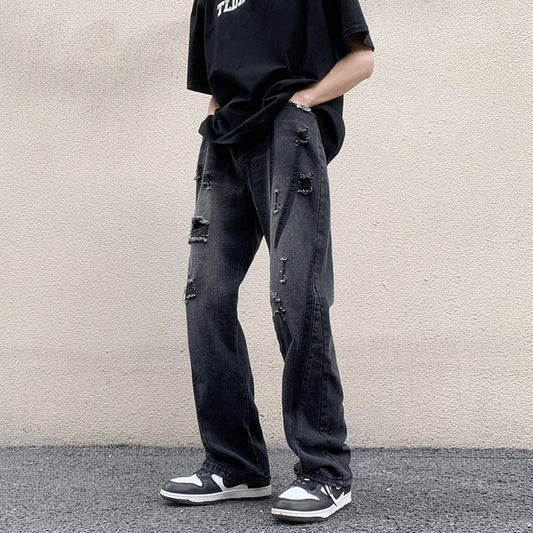 ♜  𝔽𝕦𝕤𝕚𝕠𝕟 𝔽𝕠𝕔𝕦𝕤  𖥟 𝖏𝖊𝖆𝖓𝖘  ☞ 破洞扎染牛仔褲夏季新款ins潮流寬鬆直筒褲時尚氣質闊腿褲 D-106