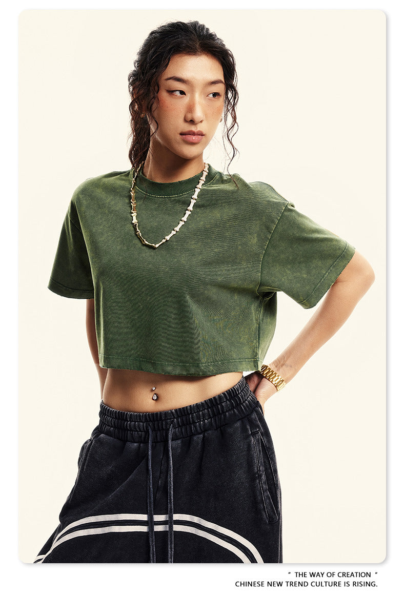 Fierce & Fitted 夏季美式復古做舊辣妹短款T袖N-6 水洗墨綠