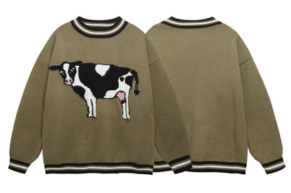 ⓀⓃⒾⓉ𒉽2025秋冬可愛奶牛刺繡圓領針織 K-38