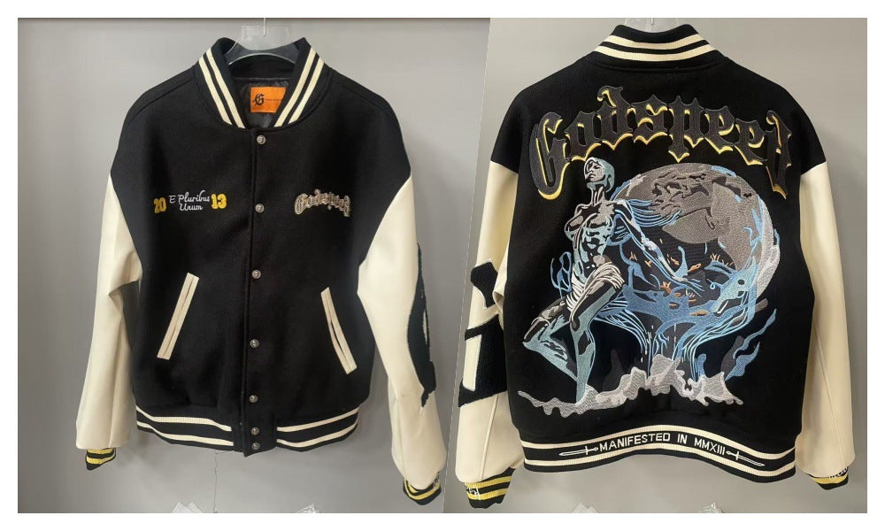 snɔoɟ uoı̣snɟ - 2025SS美式潮牌秋冬新款刺繡骷顱頭夾克棒球服男女同款 SMN-339