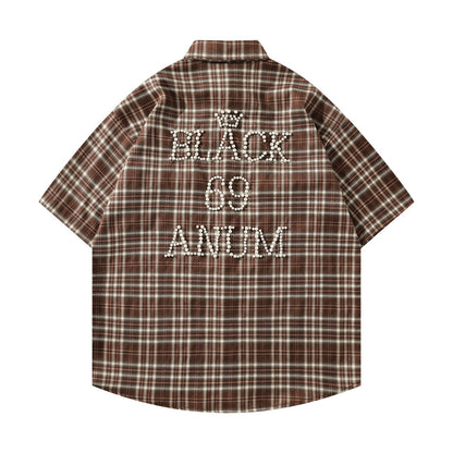 𝕃oose 𝔽it ☞𝟤𝟢𝟤𝟧 ☜美式復古字母珍珠感格子寬鬆襯衫 J-4