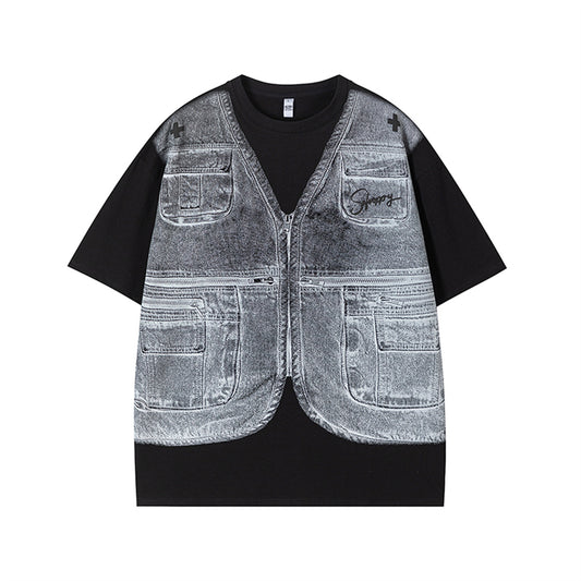 𝕃oose 𝔽it ☞𝟤𝟢𝟤𝟧 ☜美式復古假兩件馬甲印花設計感風格男女中性 T-Shirt寬版上衣   SA-4