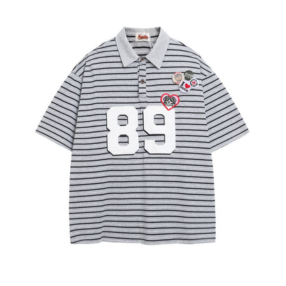 Polo Shirt𒉽美式復古貼布繡條紋翻領POLO衫IN-36
