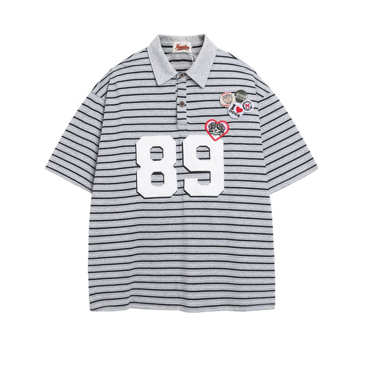 Polo Shirt𒉽美式復古貼布繡條紋翻領POLO衫IN-36