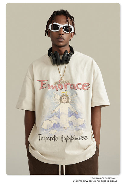 ▶𝔽𝕦𝕤𝕚𝕠𝕟 𝔽𝕠𝕔𝕦𝕤 ⌘𝓦𝓪𝓼𝓱𝓮𝓭 𝔀𝓲𝓷𝓭 ◀  2025春季新款復古街頭潮牌ins水洗天使印花圓領寬鬆大碼短袖 TZ-09