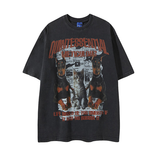 𝕃oose 𝔽it ☞𝟤𝟢𝟤𝟧 ☜美式復古貓狗印花風格男女中性 T-Shirt寬版上衣 FY58