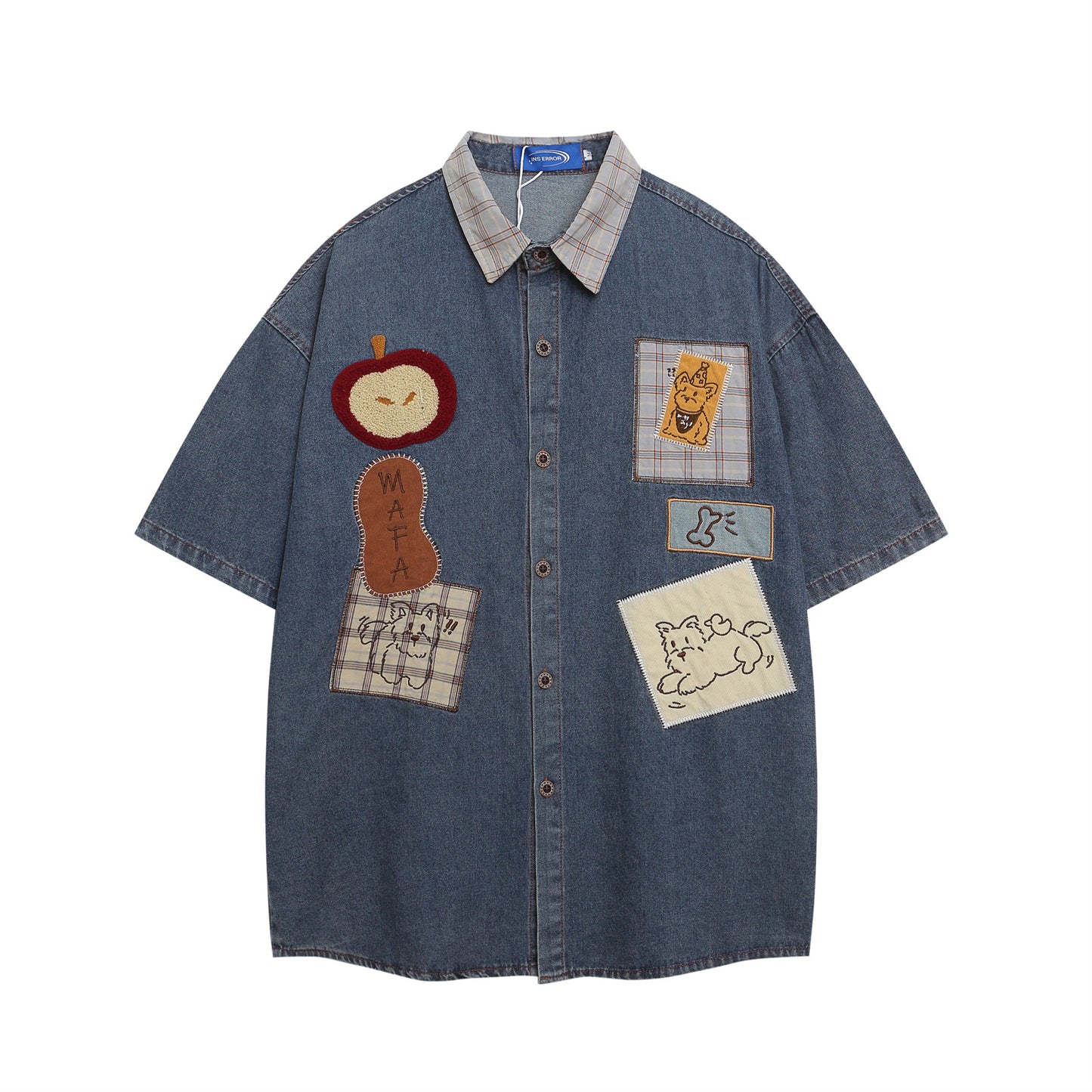 𝔼mbro 𝕊hirt𒉽美式復古可愛小狗刺繡牛仔休閒襯衫外套I-710