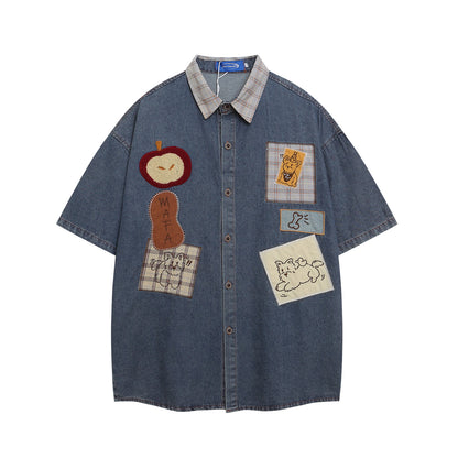 𝔼mbro 𝕊hirt𒉽美式復古可愛小狗刺繡牛仔休閒襯衫外套I-710