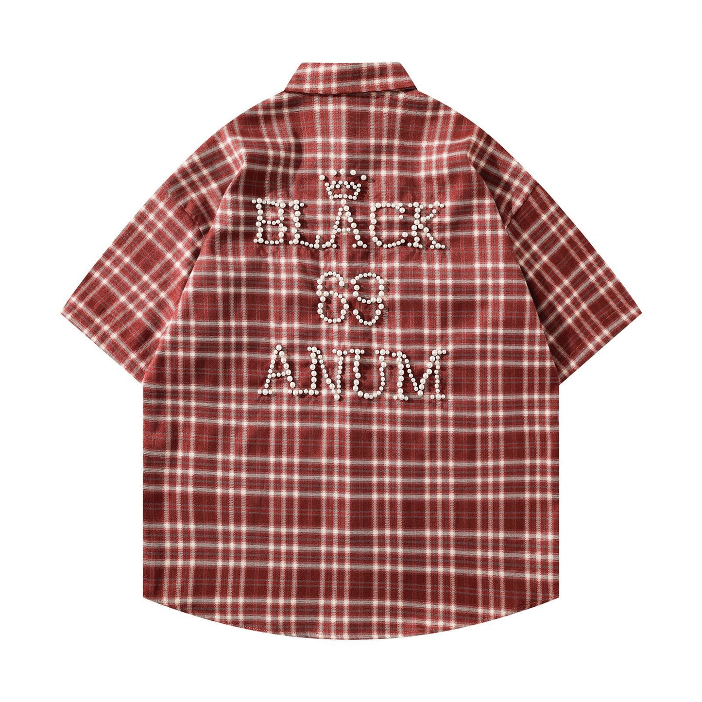 𝕃oose 𝔽it ☞𝟤𝟢𝟤𝟧 ☜美式復古字母珍珠感格子寬鬆襯衫 J-4