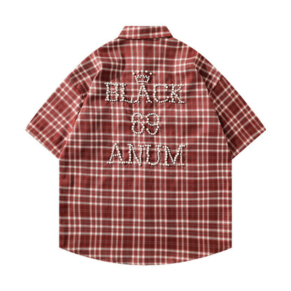 𝕃oose 𝔽it ☞𝟤𝟢𝟤𝟧 ☜美式復古字母珍珠感格子寬鬆襯衫 J-4