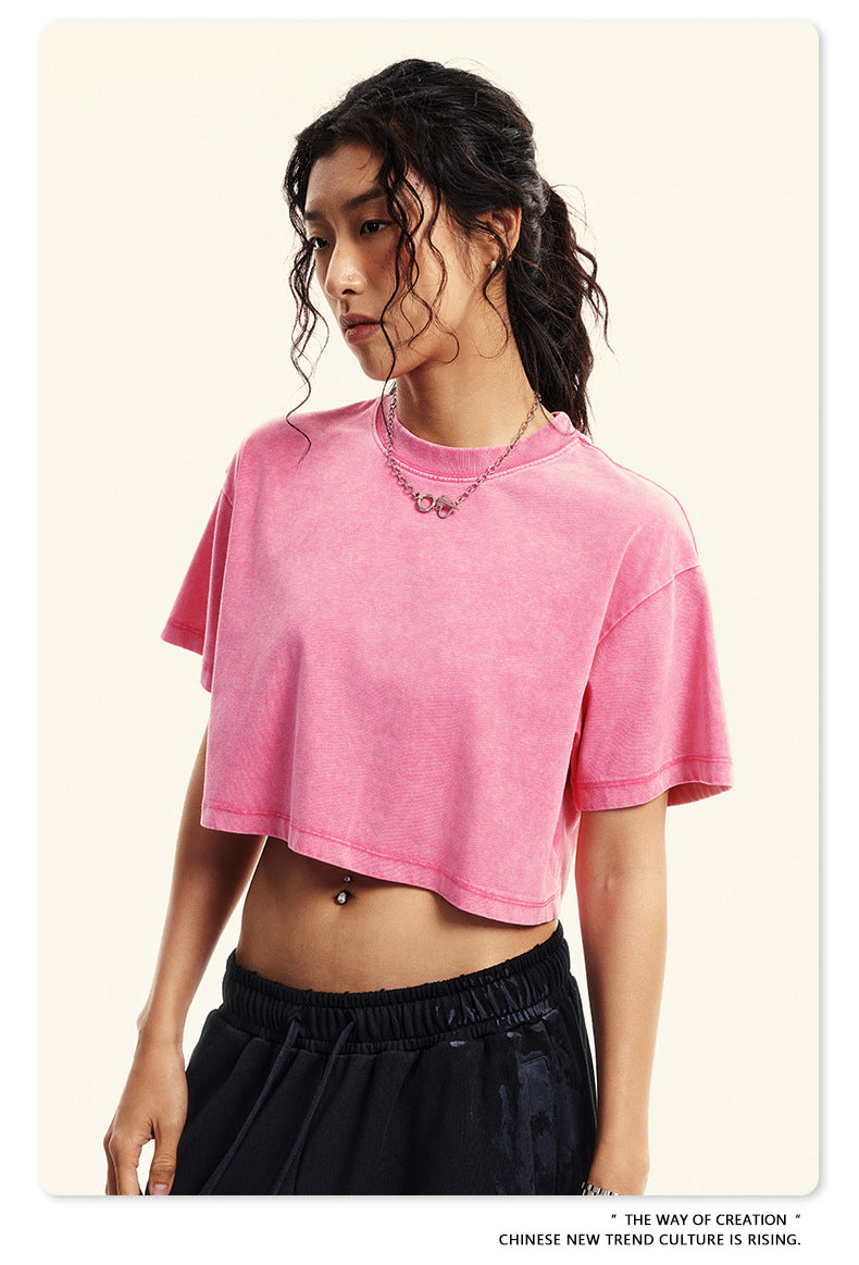 Fierce & Fitted 夏季美式復古做舊辣妹短款T袖N-7 水洗玫紅