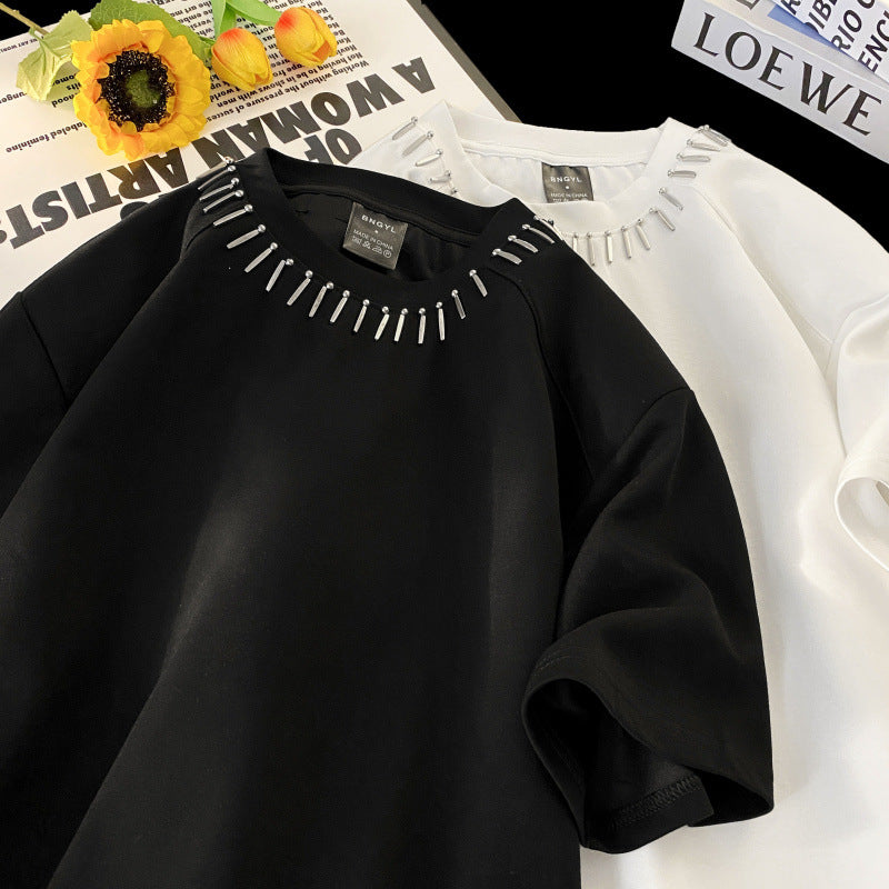 𝔽𝕦𝕤𝕚𝕠𝕟 𝔽𝕠𝕔𝕦𝕤 ✘ cleanfit黑色墊肩短袖男夏季金屬設計感小眾高級感痞帥小領口t恤 W115