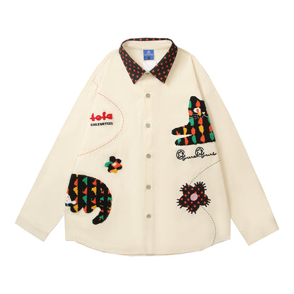 𝔼mbro 𝕊hirt𒉽2025秋冬創意圖案刺繡寬鬆襯衫外套C-33