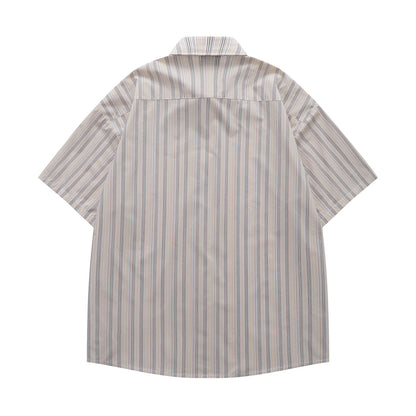 𝔼mbro 𝕊hirt𒉽日式復古字母刺繡條紋百搭休閒短袖襯衫 (杏色)