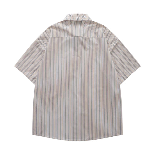 𝔼mbro 𝕊hirt𒉽日式復古字母刺繡條紋百搭休閒短袖襯衫 (杏色)