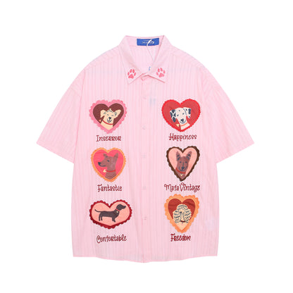 𝔼mbro 𝕊hirt𒉽美式復古可愛小狗刺繡印花短袖寬鬆襯衫外套IN-730