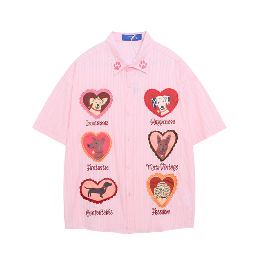 𝔼mbro 𝕊hirt𒉽美式復古可愛小狗刺繡印花短袖寬鬆襯衫外套IN-730