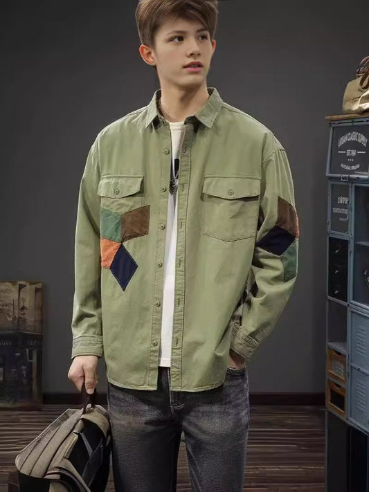 叢林風復古質感拚色設計襯衫 CZ02