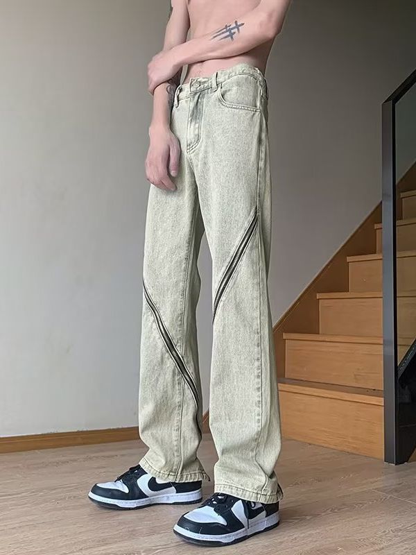 ♜  𝔽𝕦𝕤𝕚𝕠𝕟 𝔽𝕠𝕔𝕦𝕤  𖥟 𝖏𝖊𝖆𝖓𝖘  ☞  美式男女四季牛仔裤褲潮流寬鬆復古潮牌直筒潮拉鏈設計感牛仔長褲 B-14