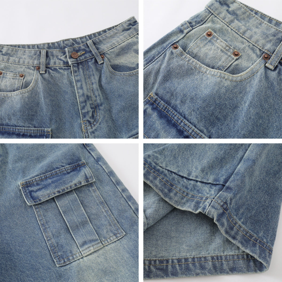 𖥟𝕽𝖊𝖑𝖆𝖝𝖊𝖉 𝖋𝖎𝖙  ☞美式復古多口袋工裝牛仔七分褲B-28