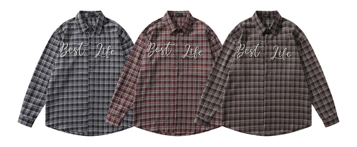 𝔼mbro 𝕊hirt𒉽2025秋冬復古格子寬鬆襯衫外套JD-2