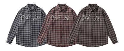 𝔼mbro 𝕊hirt𒉽2025秋冬復古格子寬鬆襯衫外套JD-2