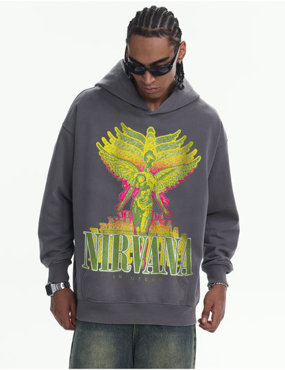 ♛𝔽𝕦𝕤𝕚𝕠𝕟 𝔽𝕠𝕔𝕦𝕤 ♛410G重磅水洗美式復古NIRVANA連帽大學T  FZ-54