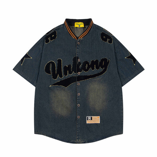 𝔼mbro 𝕊hirt𒉽美式復古字母刺繡牛仔寬鬆襯衫外套 U-7