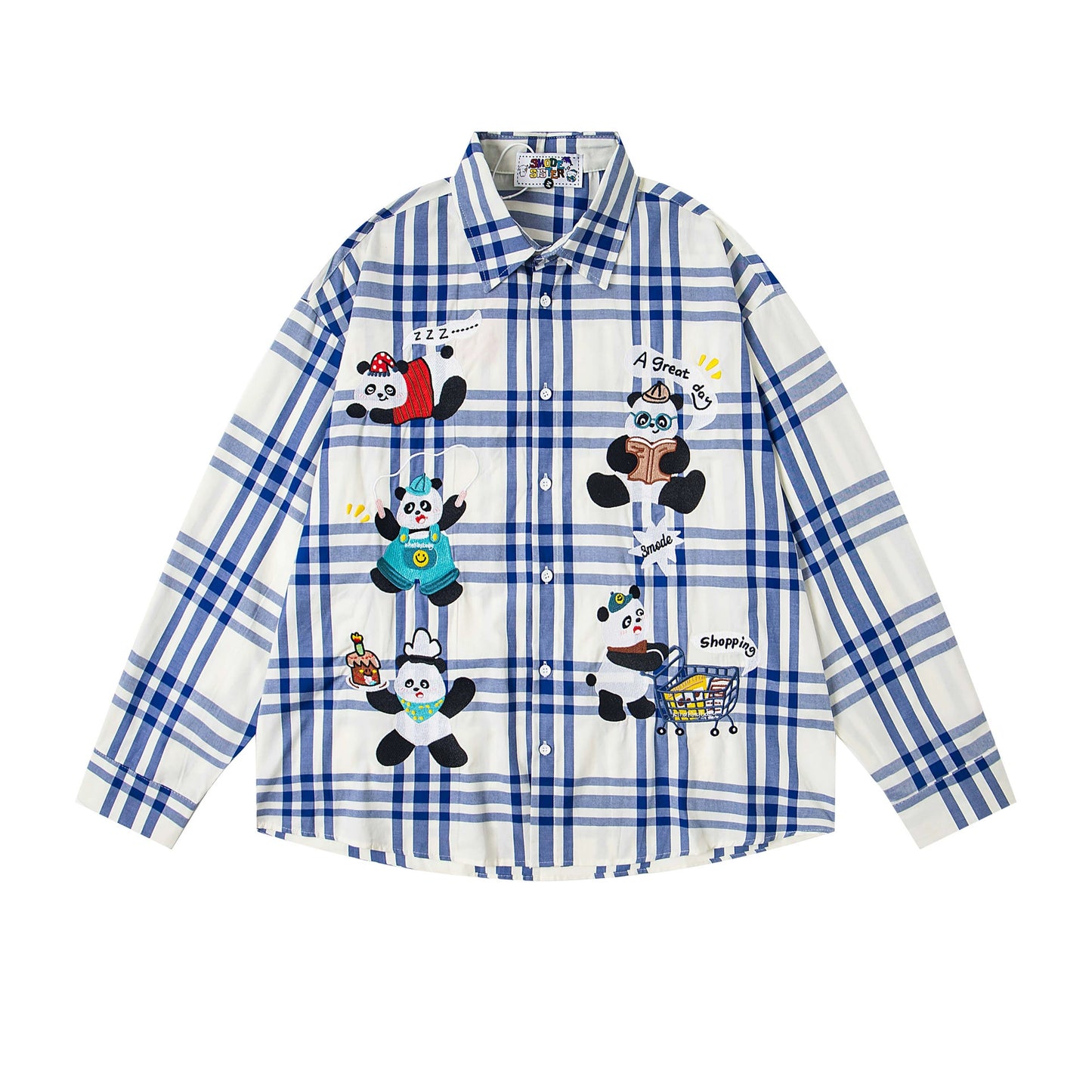 𝔼mbro 𝕊hirt𒉽2025秋冬卡通刺繡格子寬鬆襯衫M-11