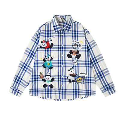 𝔼mbro 𝕊hirt𒉽2025秋冬卡通刺繡格子寬鬆襯衫M-11