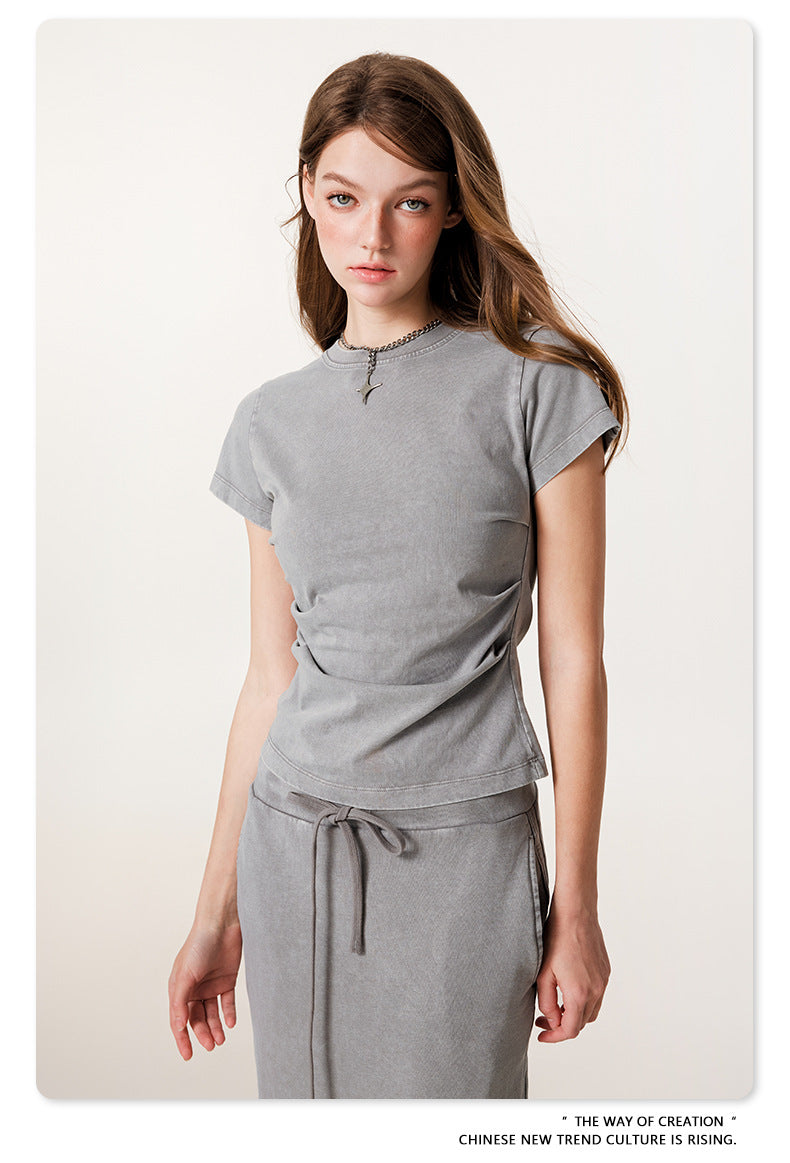 Fierce & Fitted 夏季辣妹必備INS緊身短款上衣 收腰直筒長裙套裝N-7 淺灰色