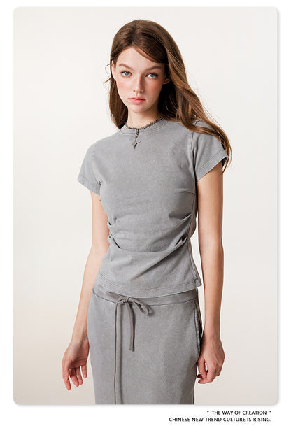 Fierce & Fitted 夏季辣妹必備INS緊身短款上衣 收腰直筒長裙套裝N-7 淺灰色