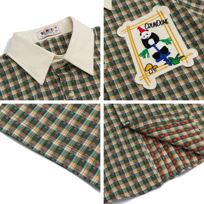 𝔼mbro 𝕊hirt𒉽美式復古可愛熊貓刺繡格子襯衫N-6