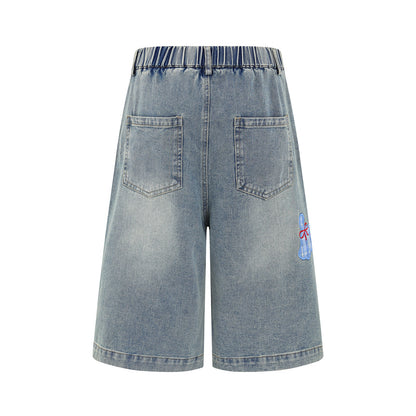 𖥟𝕽𝖊𝖑𝖆𝖝𝖊𝖉 𝖋𝖎𝖙  ☞美式復古小狗刺繡牛仔七分褲C-2