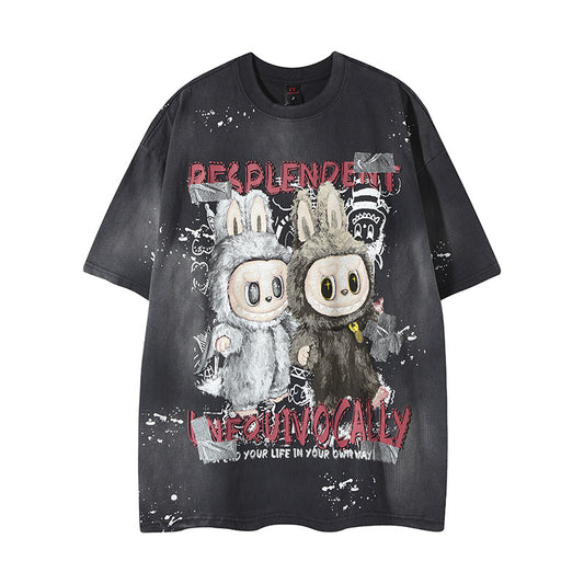 𝕃oose 𝔽it ☞𝟤𝟢𝟤𝟧 ☜美式復古渲染系列噴繪卡通印花男女中性 T-Shirt寬版上衣FY-10