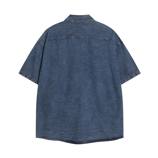 𝔼mbro 𝕊hirt𒉽美式復古重工藝刺繡牛仔寬鬆短袖襯衫外套