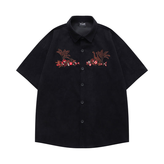 𝔼mbro 𝕊hirt𒉽美式復古可愛長頸鹿刺繡燈芯絨短袖休閒襯衫 YD-10