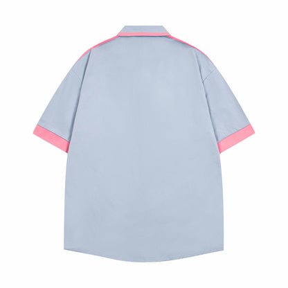 𝔼mbro 𝕊hirt𒉽美式復古卡通刺繡短袖寬鬆襯衫外套IN-113