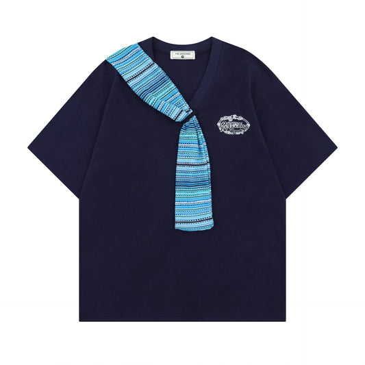 𝕃oose 𝔽it ☞𝟤𝟢𝟤𝟧 ☜慵懶風領巾拼接圓領寬版上衣TH-8