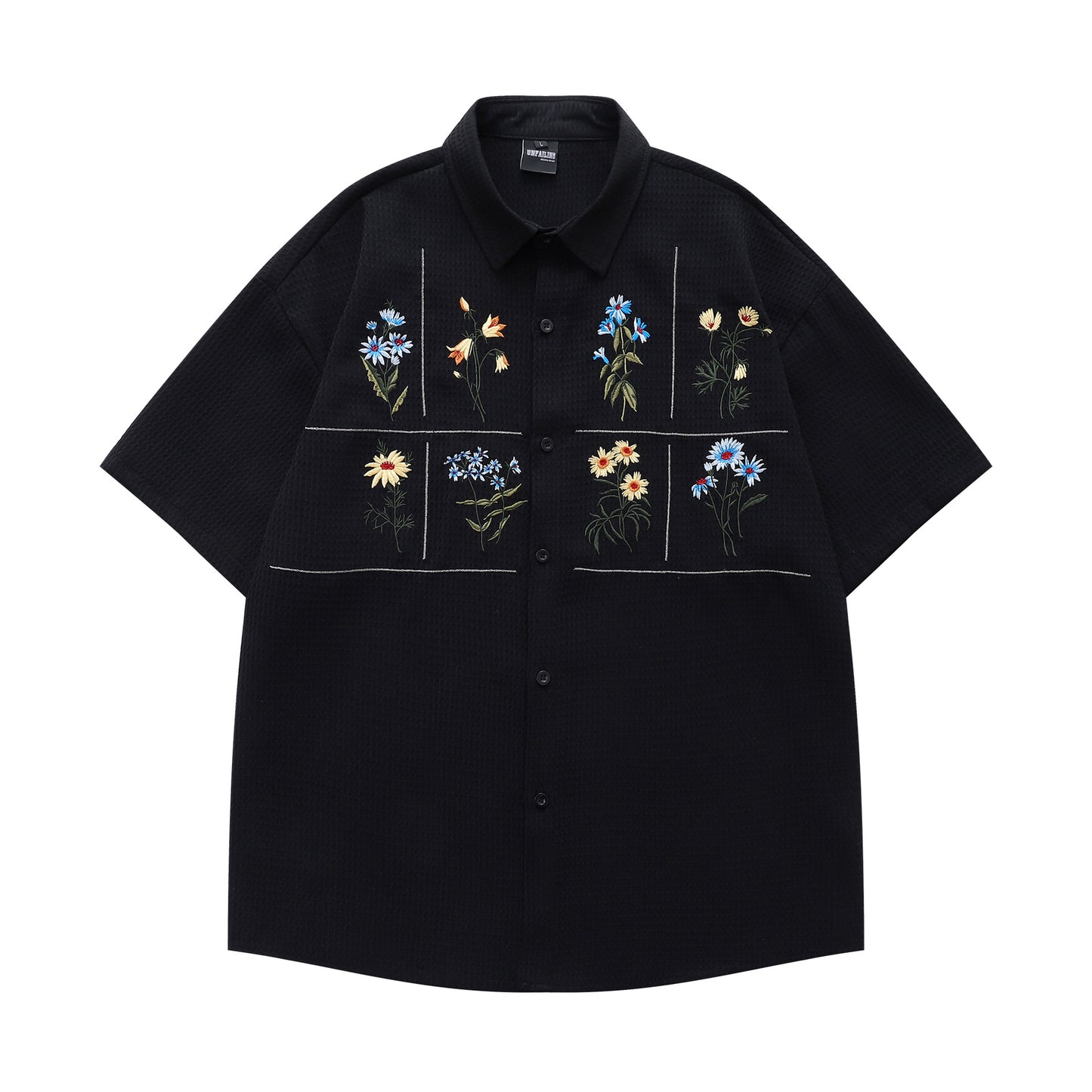 𝔼mbro 𝕊hirt𒉽日式復古花卉刺繡華夫格百搭寬鬆襯衫  Y30