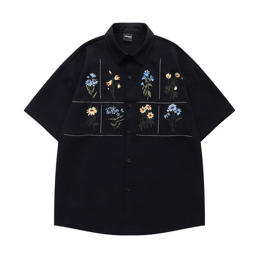 𝔼mbro 𝕊hirt𒉽日式復古花卉刺繡華夫格百搭寬鬆襯衫  Y30