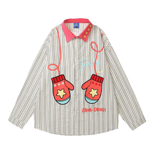 𝔼mbro 𝕊hirt𒉽2025秋冬撞色條紋手套刺繡襯衫C-98